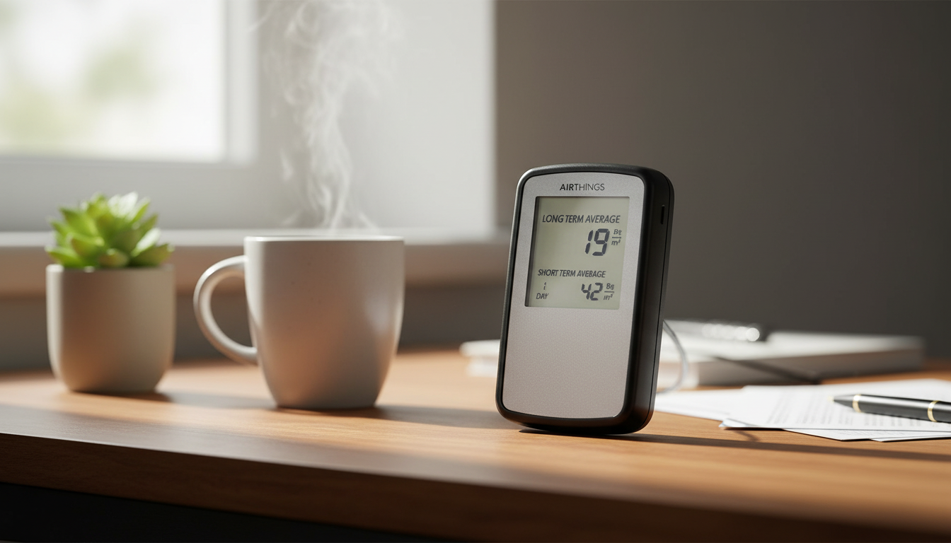 Radon test device on a table in a home